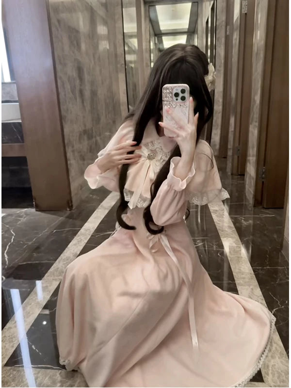 Creamy - Pink Lace Cape - Pink Dress with Bow Details