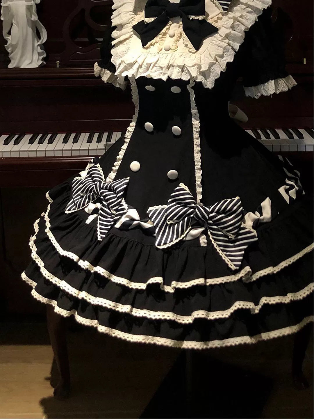 Creamy - Black Stripe - Tiered Lolita Dress with Striped Bows