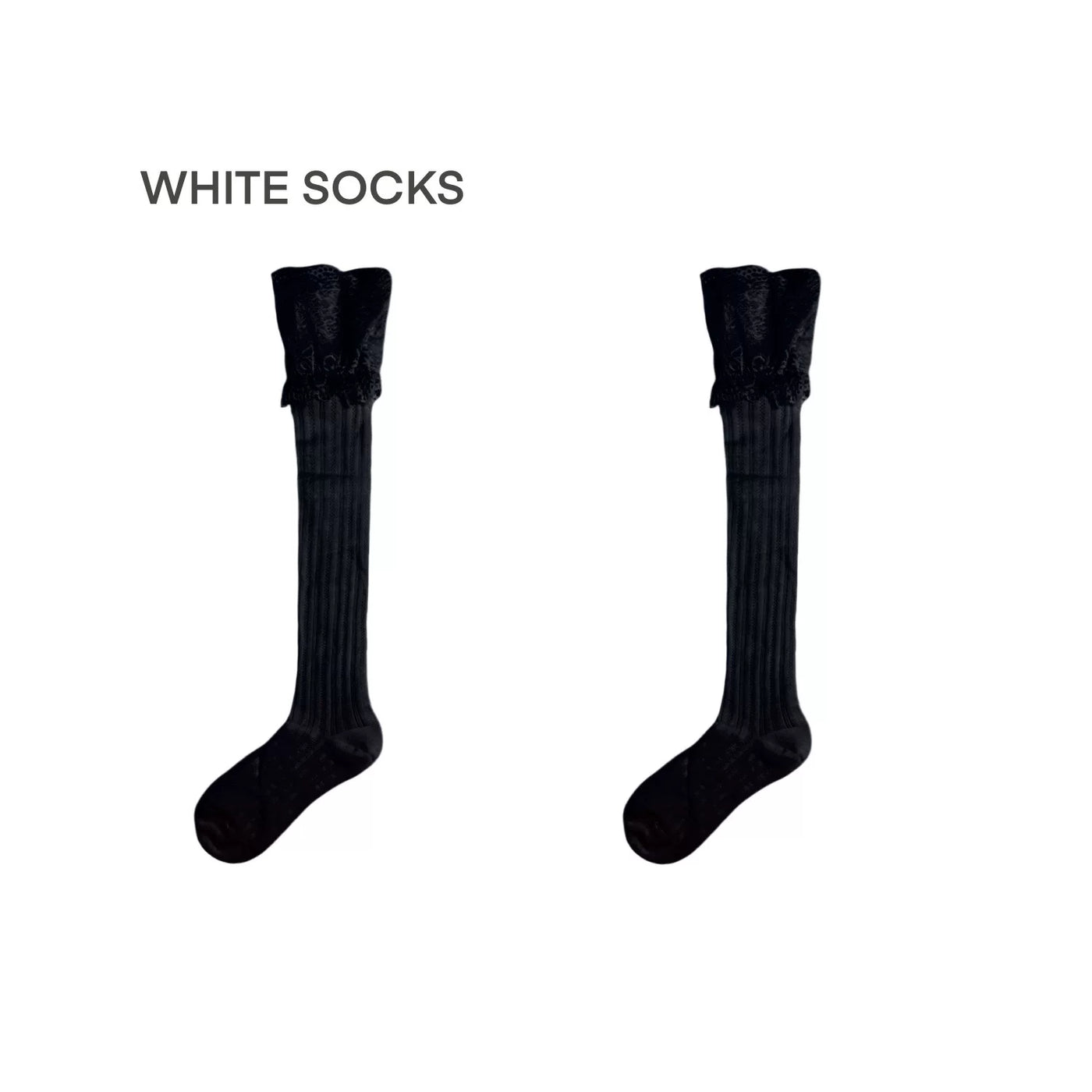 White Socks - French Ballet - Cotton Mid-Calf Socks with Vertical Texture and Lace Cuffs