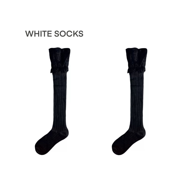 White Socks - French Ballet - Cotton Mid-Calf Socks with Vertical Texture and Lace Cuffs