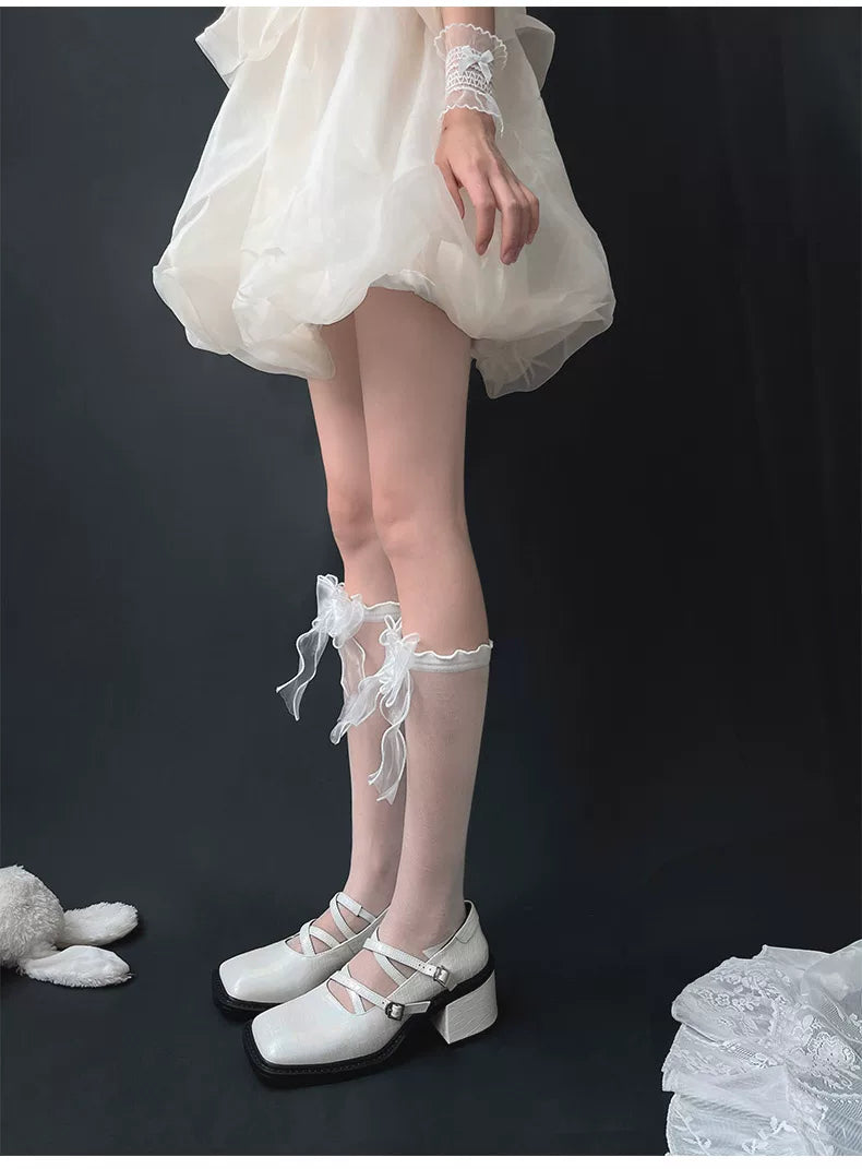 Sock Noble - Crystal Bow - Sheer Mid-Calf Slouch Socks with Bow Detail