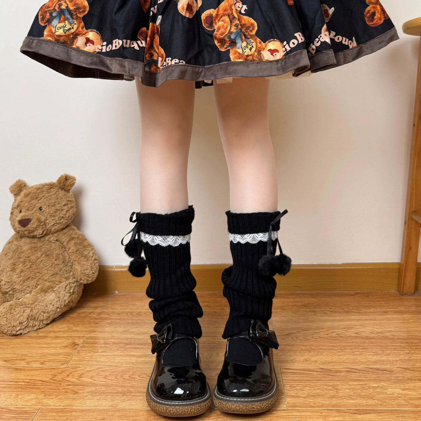 Chubby Bear Tales - Ribbon Knit - Scrunched Knit Leg-Warmer Socks with Ribbon Ties