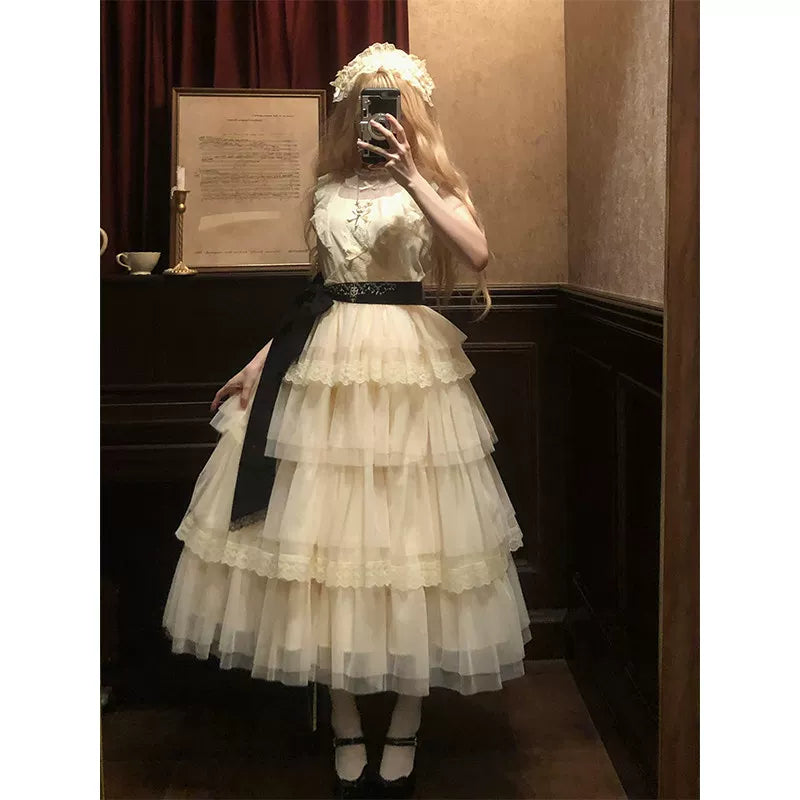 Creamy - Ivory Cake Layers - OP Dress with Lace-Trimmed Tiered Skirt