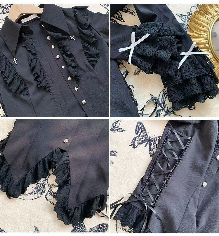 Long-sleeve waist-cinched button-up blouse