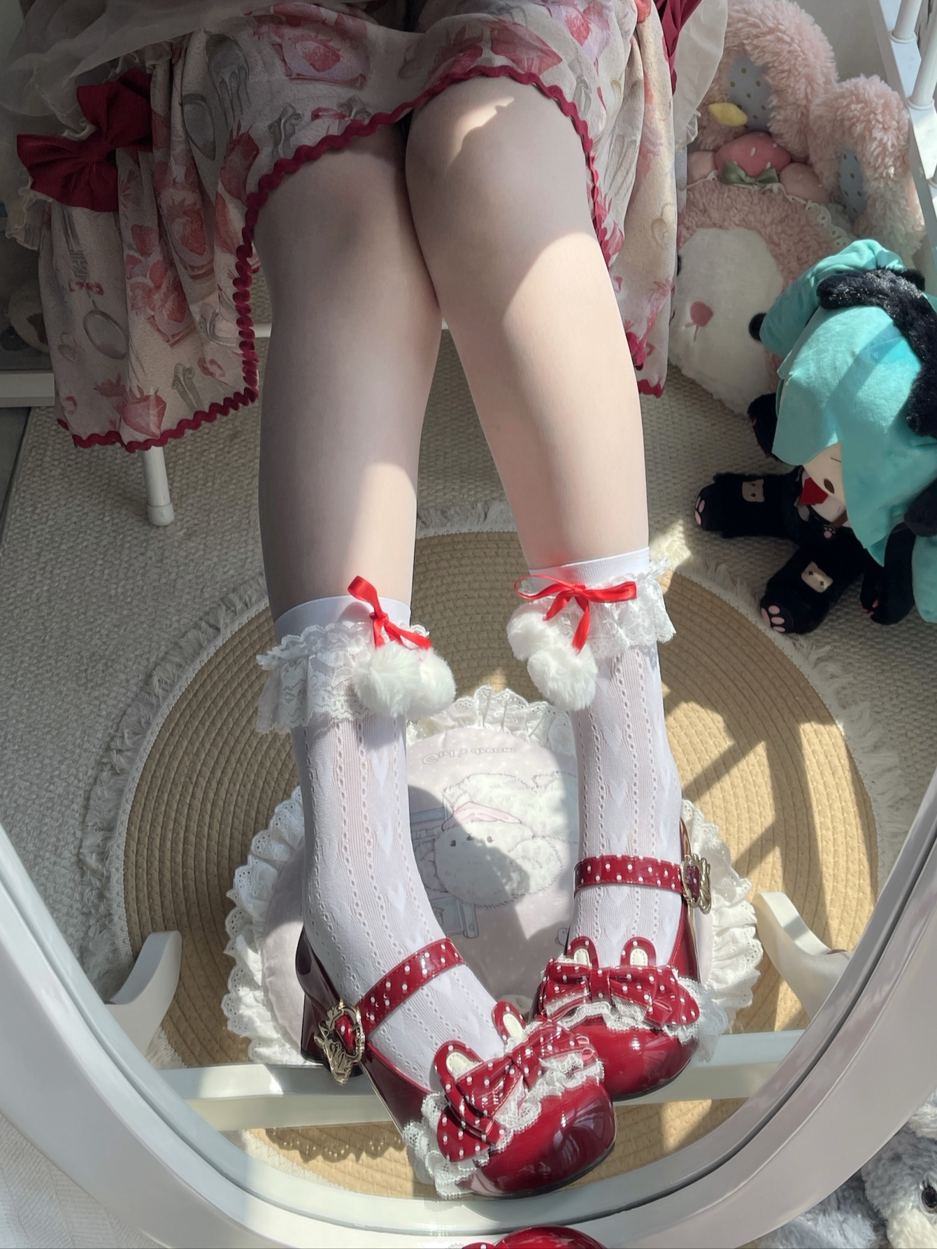 Fantasy Doll - Ribbon Pom-Pom - White Mid-Calf Socks with Lace Trim