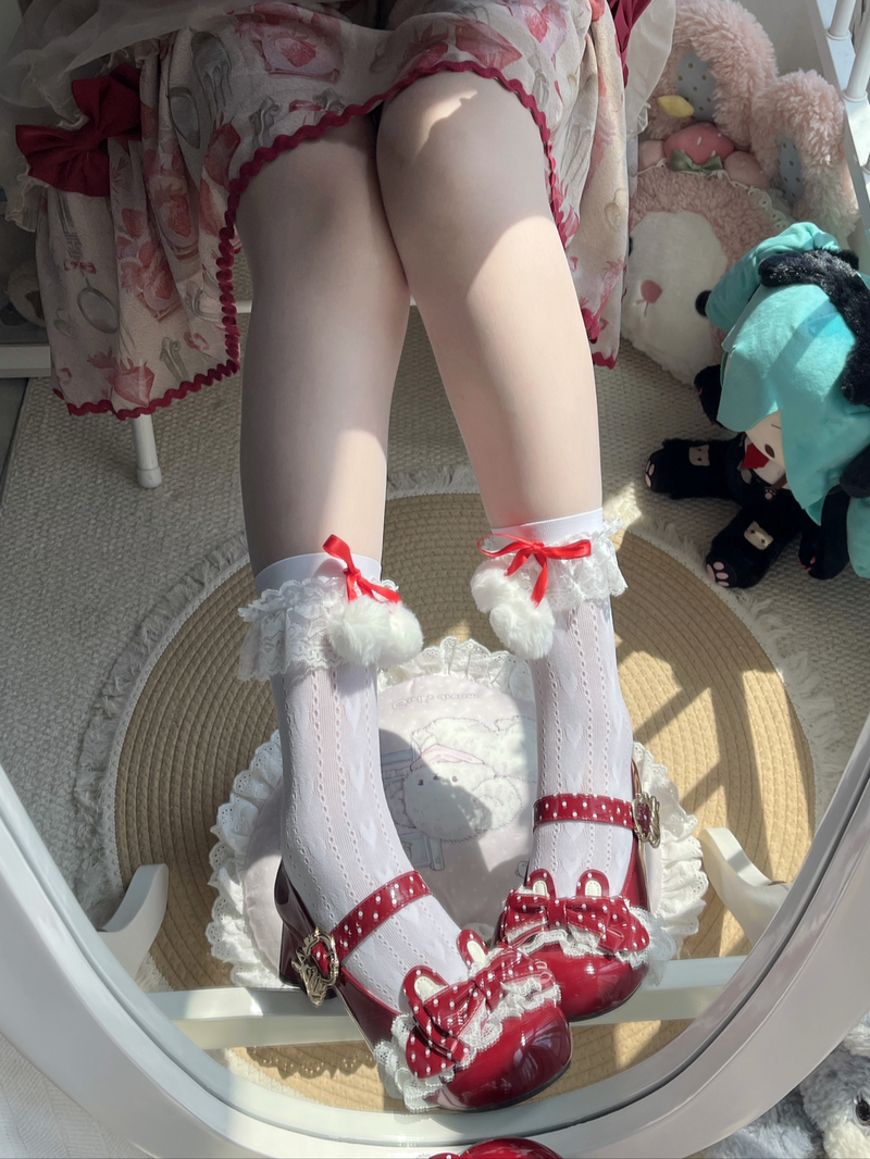 Fantasy Doll - Ribbon Pom-Pom - White Mid-Calf Socks with Lace Trim