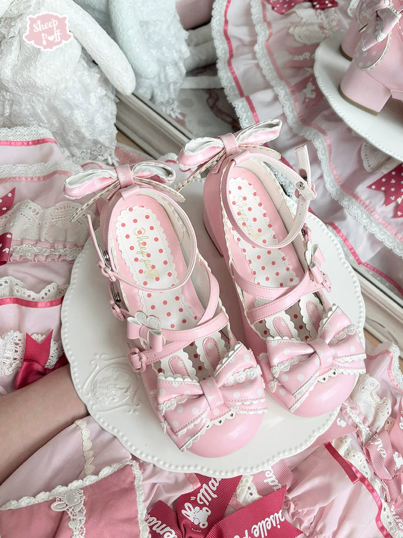 Sheep Puff Bubble Bunny Mid Heel Lolita Shoes with pastel colors and playful bunny design, perfect for cute, stylish outfits.