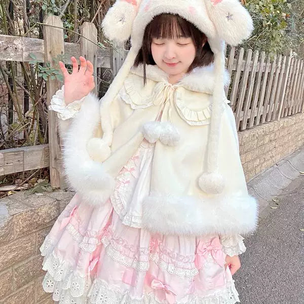 Milky white plush bunny-ear hooded cape with long pom-pom ties