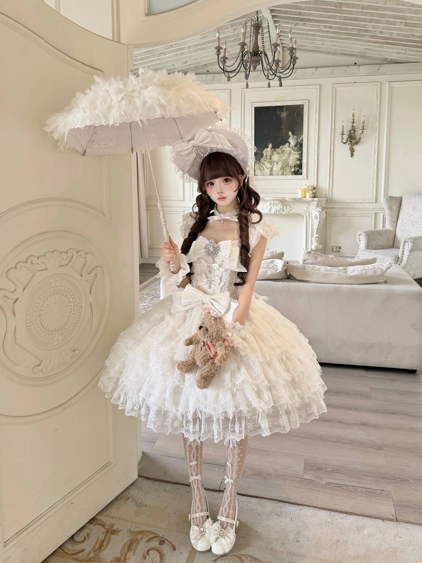 Sugar Girl - Snow Feather - Wedding Sweet Lolita JSK Dress, Multi-layered Lace Skirt