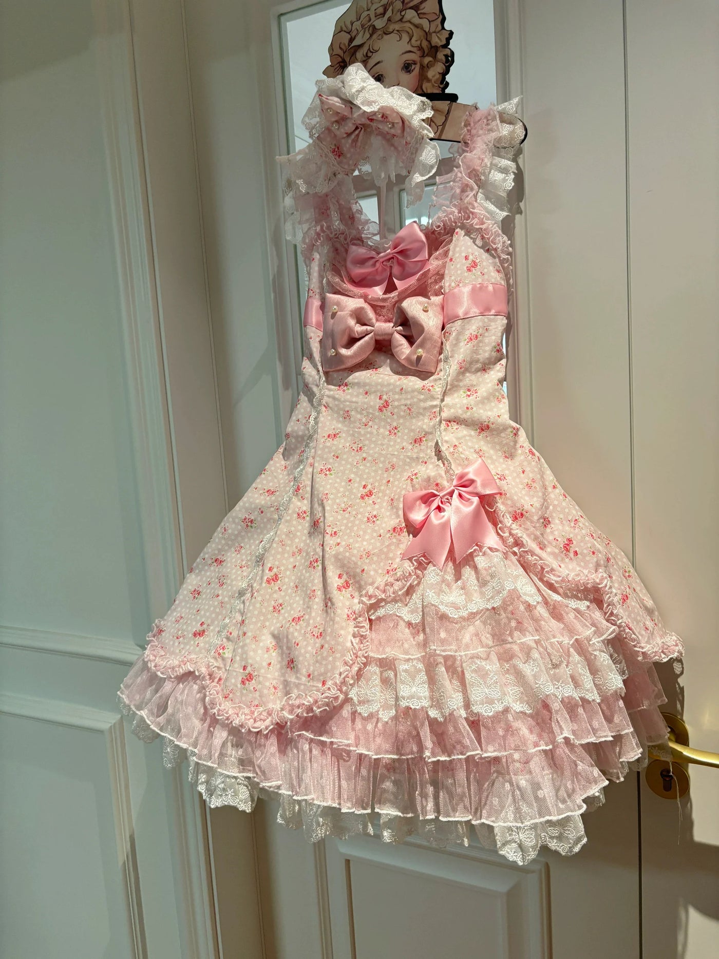 Strawberry Sweetie Bear - Spring Bud - Old School Lolita Floral Print JSK Dress, Layered Skirt