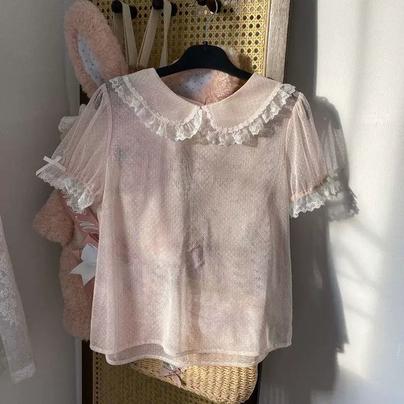 Sweetheart Dream Machine - Mist Shadow - Dotted doll-collar blouse with lace trim