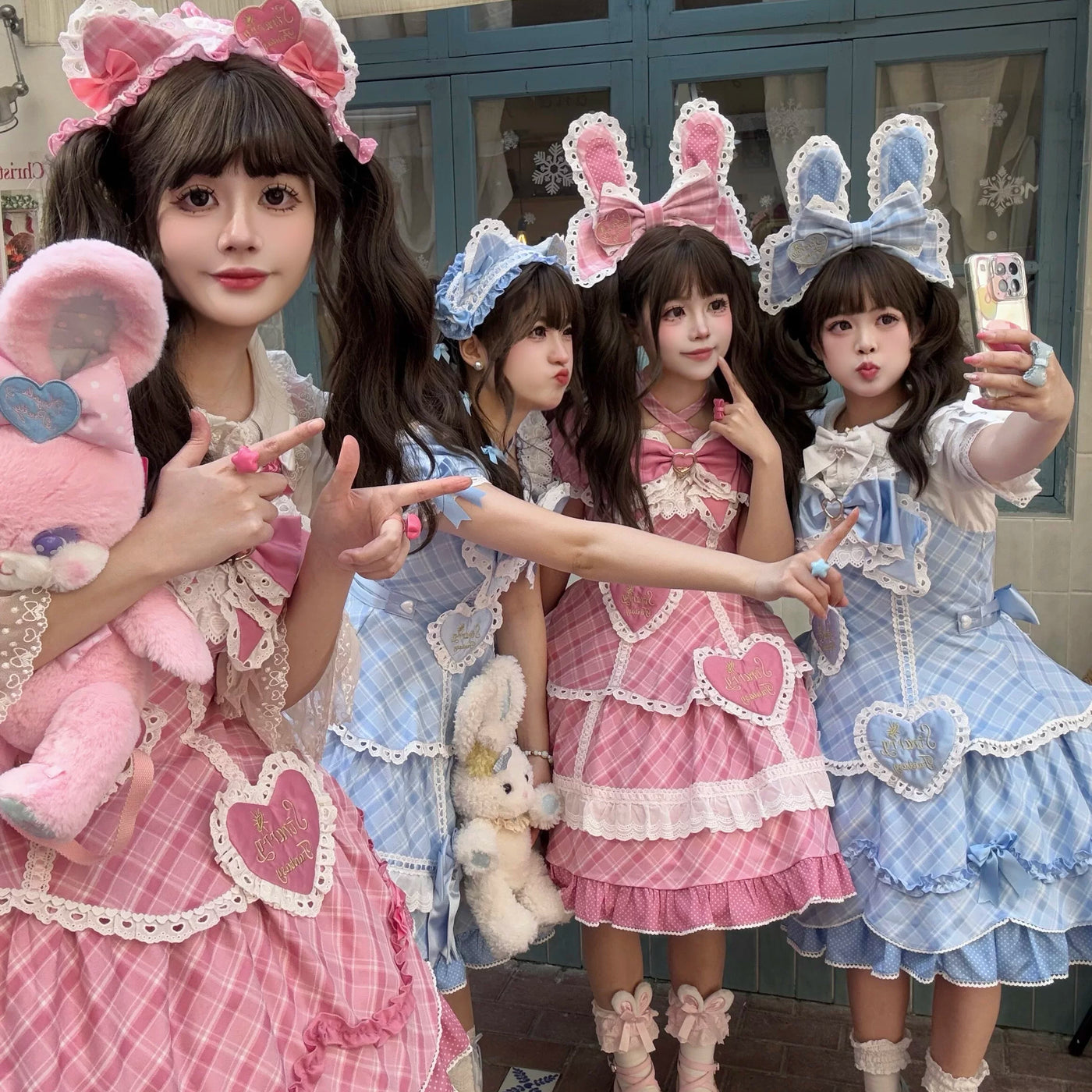 Star Fantasy - Shibuya Sweetheart - Plaid OP/JSK Dress Set with Lace Bunny-Ear Headwear