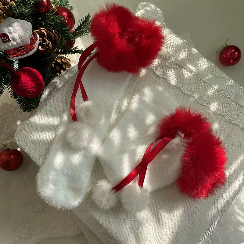 Sock Noble - Winter Ribbon - Scrunched Socks with Fuzzy Cuffs and Pom-Poms
