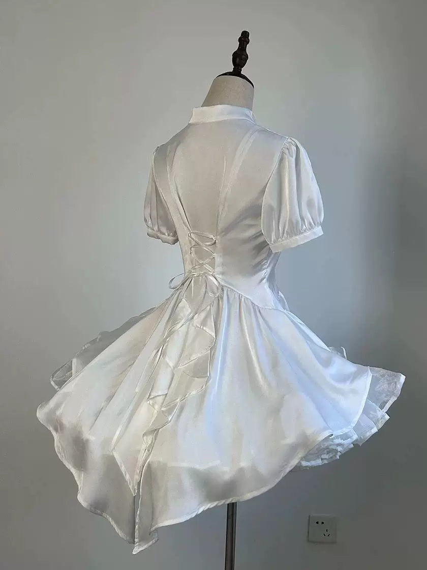 Sweetheart Dream Machine - Song of Thorns - White Short-Sleeve Train Blouse with Pointed Collar