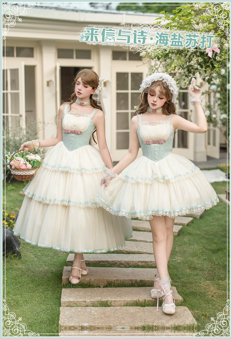 With PUJI - Sea Salt Soda - Classic Lolita Adjustable Corset JSK Dress, Tiered Tulle Hem detail view 6