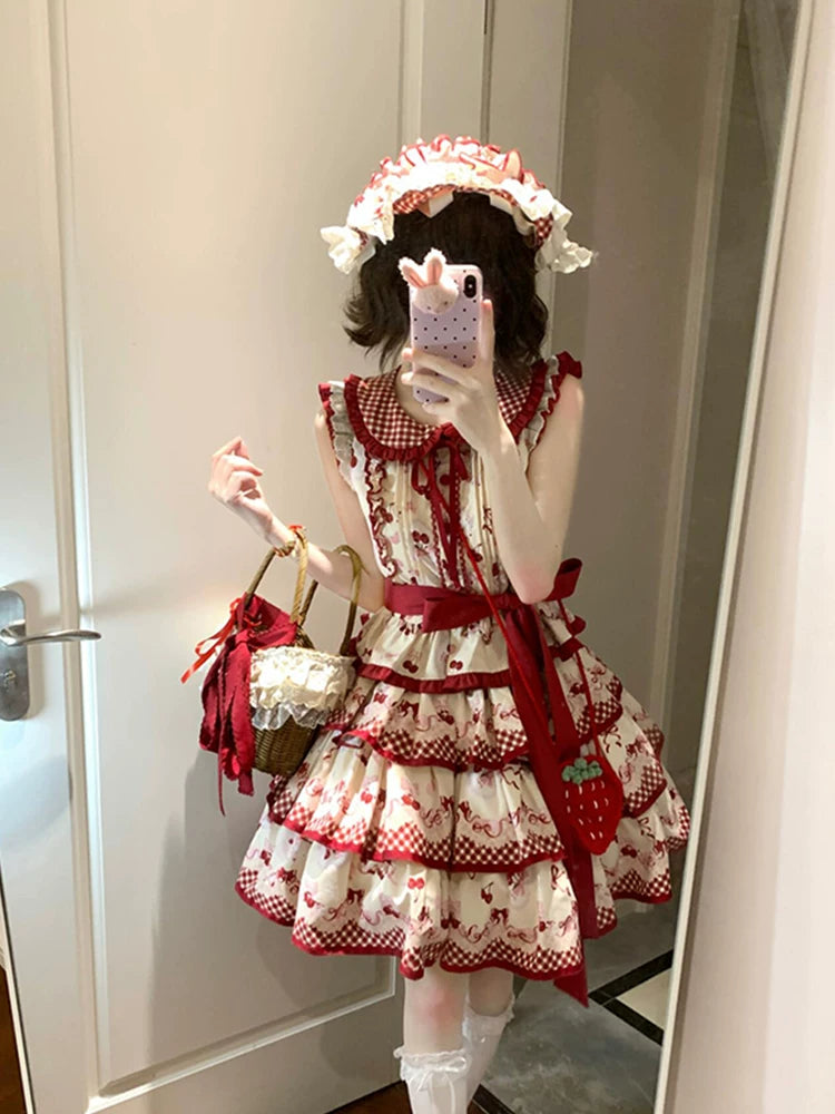 Dream Bunny - The Cherries Are Ripe - Cherry-Print Lolita Fashion Set with Gingham Ruffles