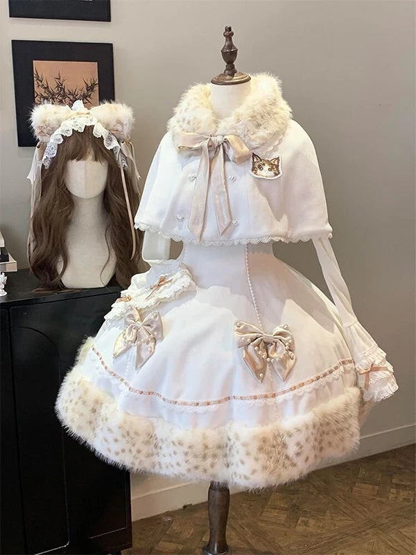 doll sweet lolita winter 3-piece set with leopard print fur trim and bow accents