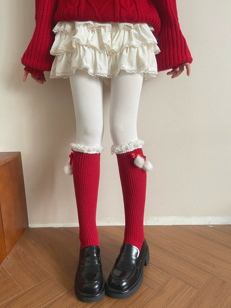 Sock Noble - Winter Scarlet - Scrunch socks with curly white trim