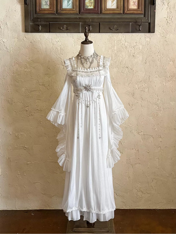 White long empire OP dress with ruffled sleeves displayed on a mannequin.