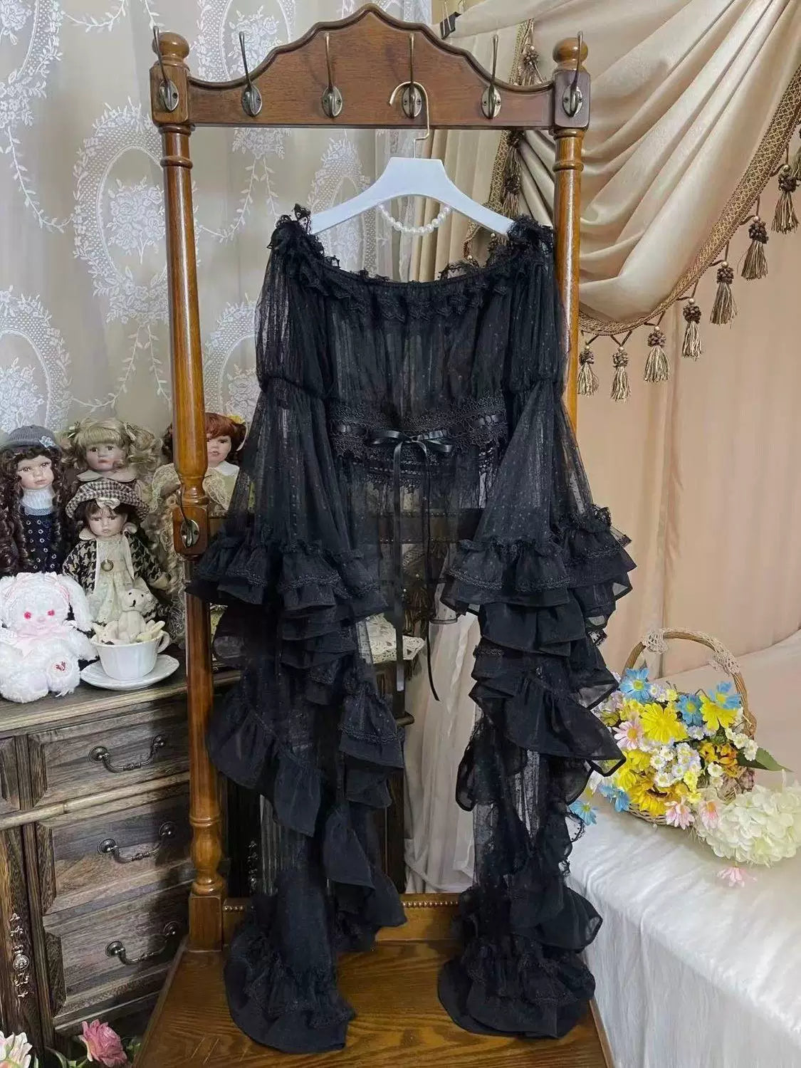 Sweetheart Dream Machine - Butterfly Wing - Off-shoulder Blouse with Sheer Dotted Mesh Sleeves