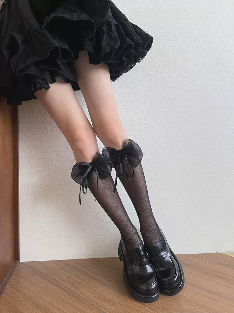 Sock Noble - Pearl Mesh Bow - Mid-Calf Socks with Satin Bows