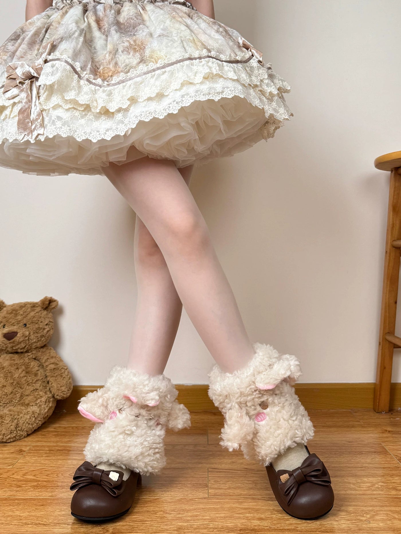 Chubby Bear Tales - Little Sheep Lolita - Plush sock covers with sheep faces and bows