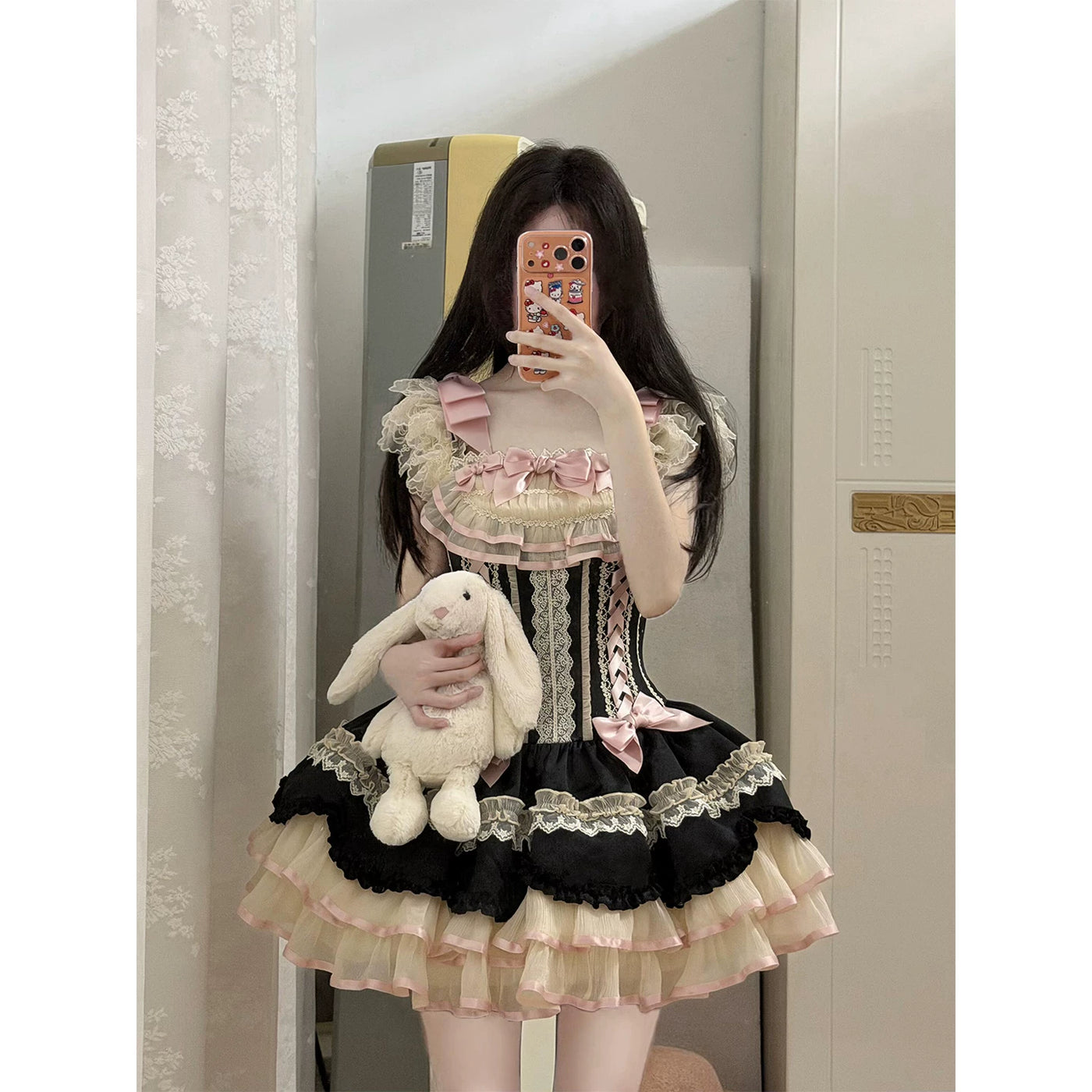 Creamy - Black-Pink Ribbon - JSK Dress with Ribbon Trim