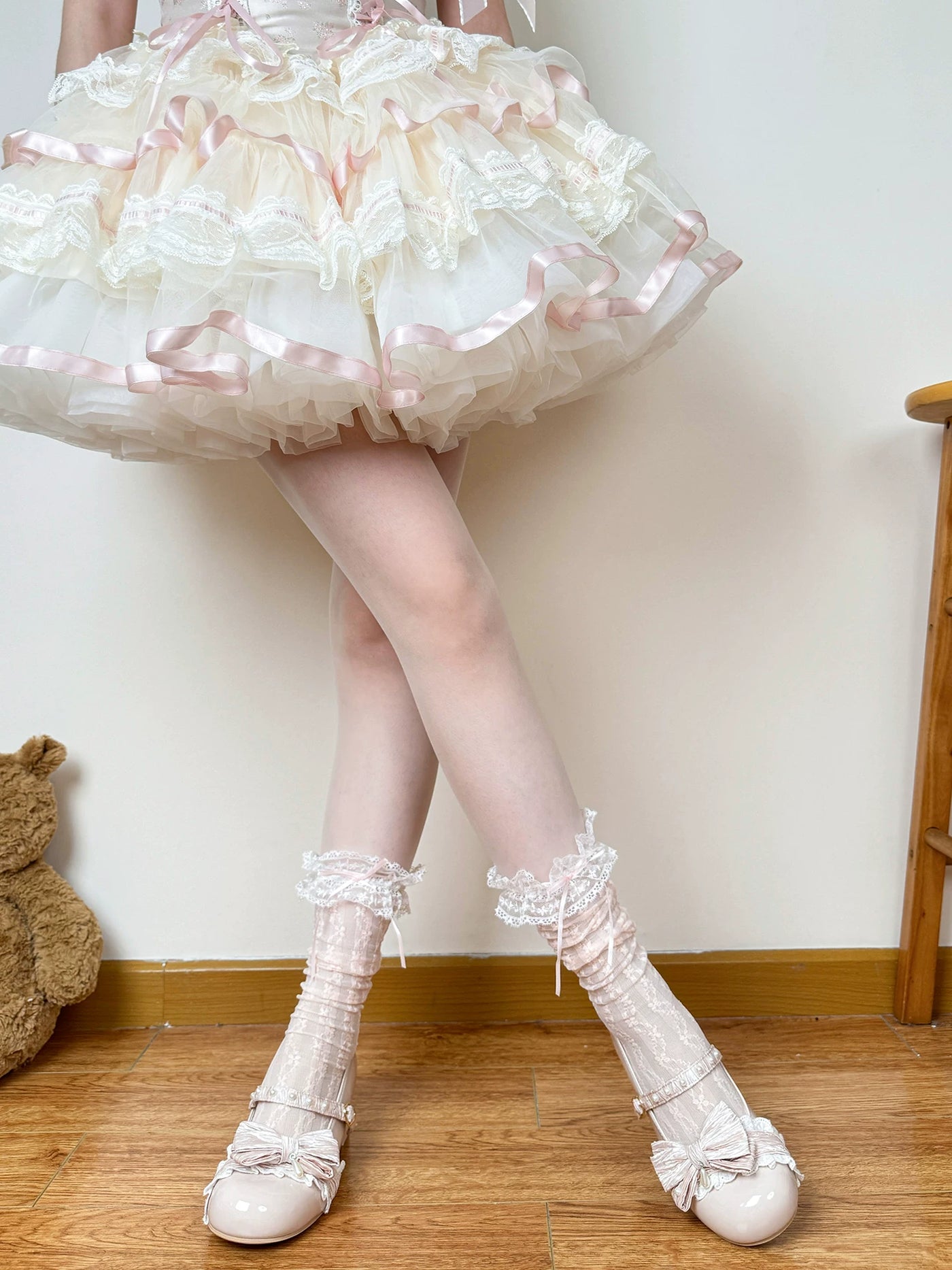 Chubby Bear Tales - Ballet Lace Ribbon - Openwork Mid-Calf Socks with Ribbon Bows