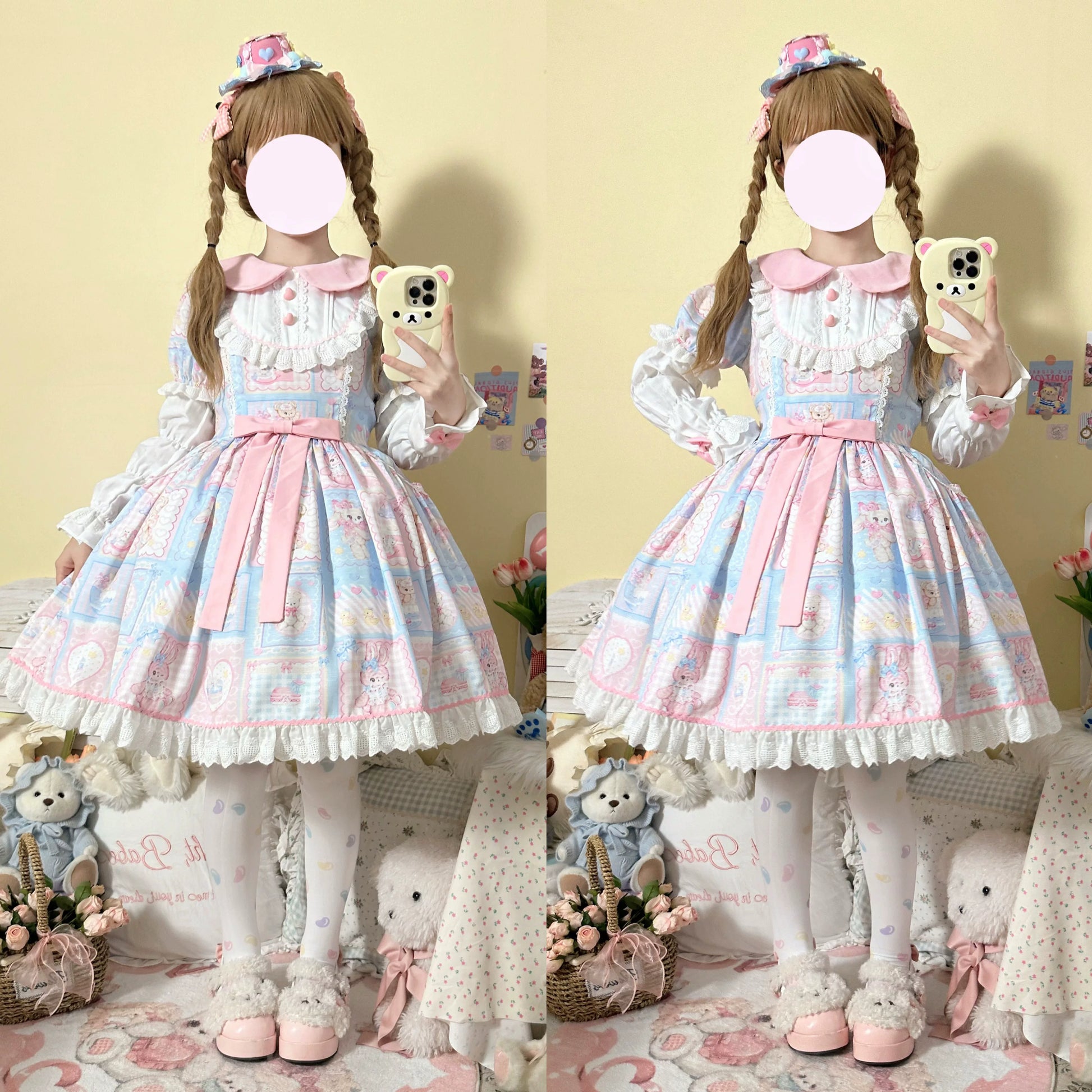 Lady Han Sweet Bunny Bear Lolita Fetch dress featuring a cute, pastel-colored design with bunny and bear motifs, perfect for adorable fashion.