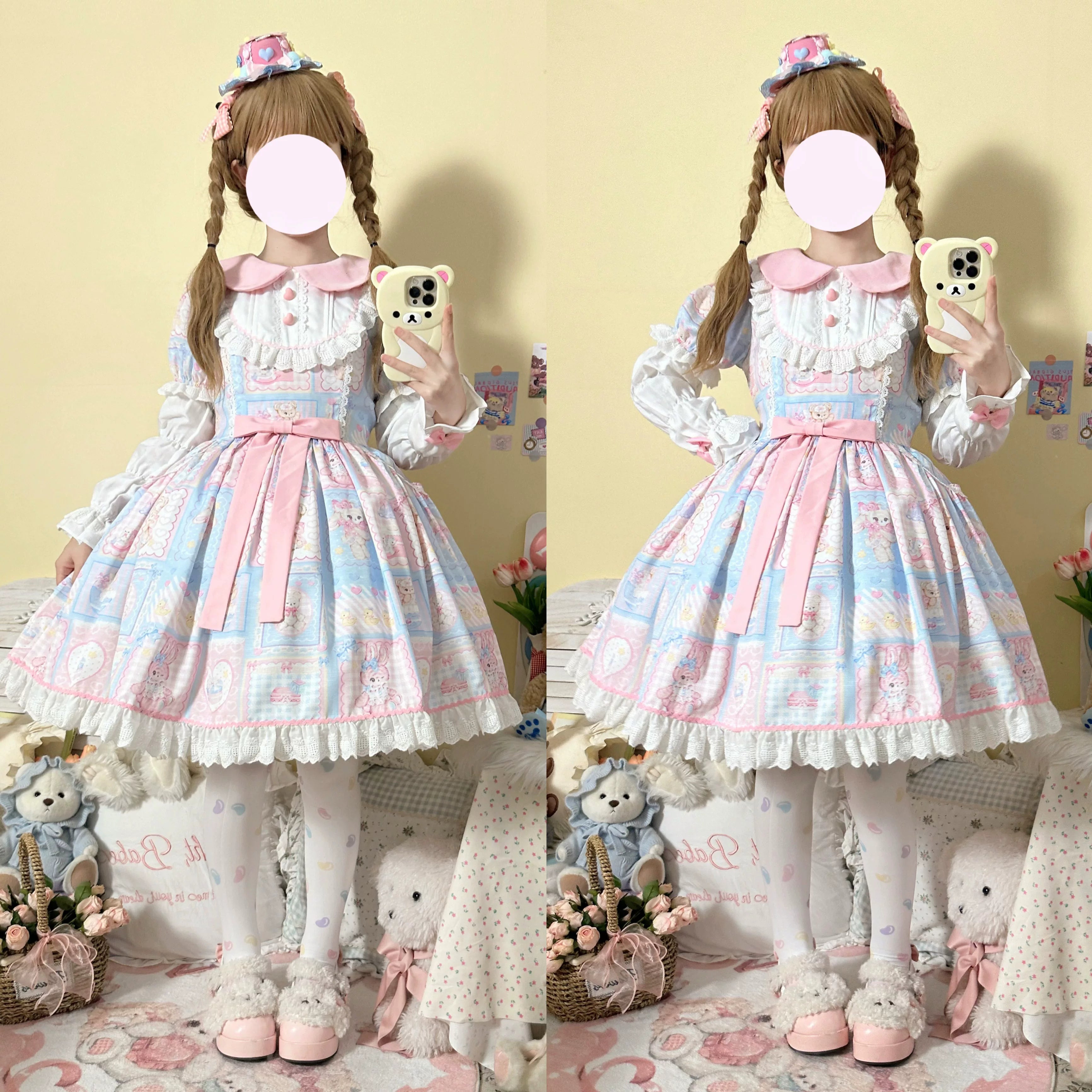 Lady Han Sweet Bunny Bear Lolita Fetch dress featuring a cute, pastel-colored design with bunny and bear motifs, perfect for adorable fashion.