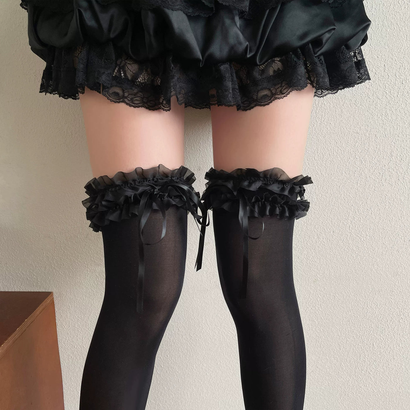 Sock Noble - Ribbon Ruffle - Double-Layer Mesh Thigh-High Stockings with Bows