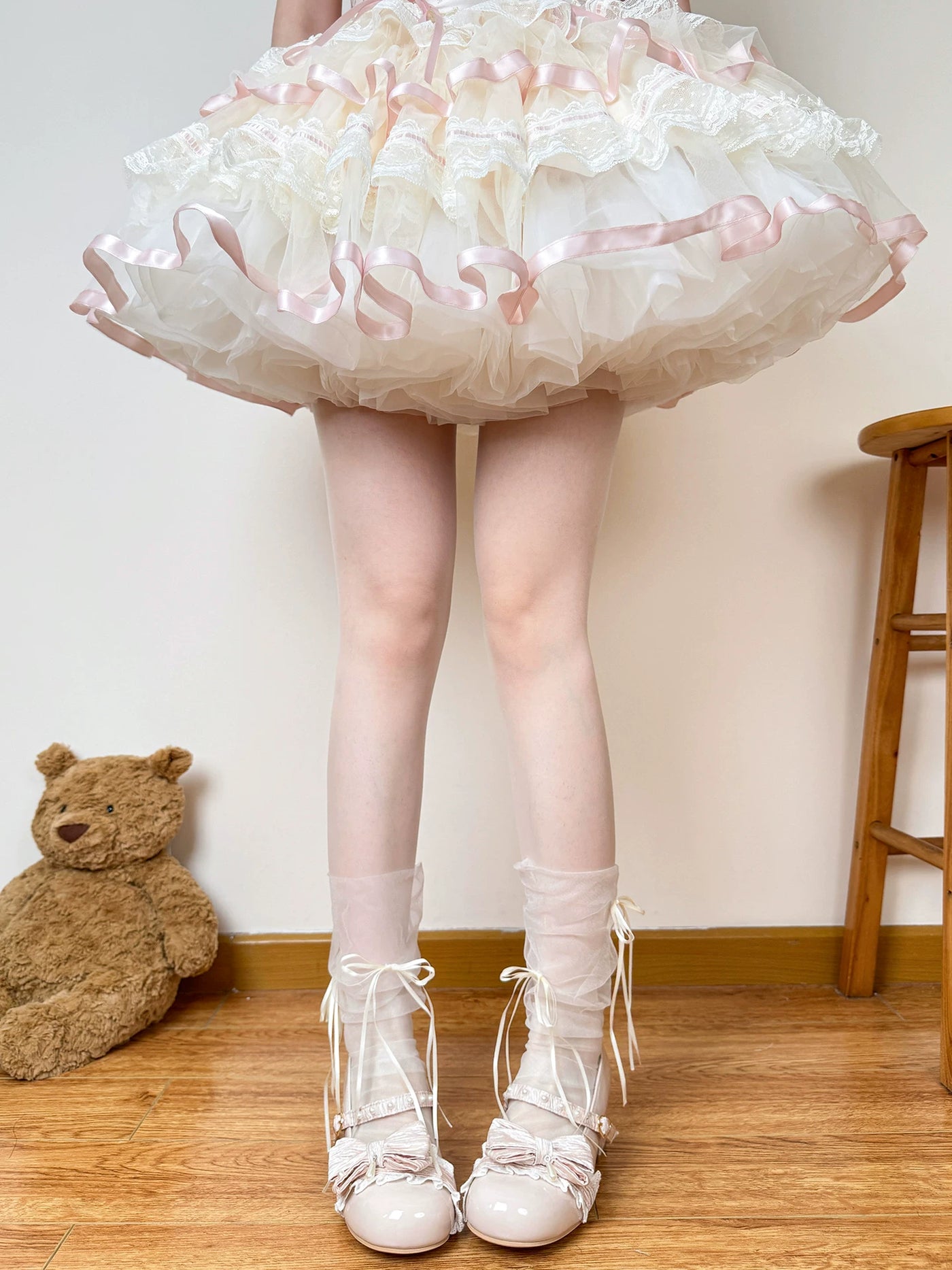 Chubby Bear Tales - Ballet Bow - Mesh Mid-Calf Socks with Double Bows