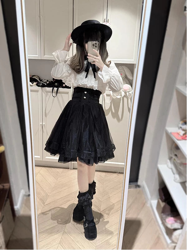 Creamy - Refined Cape - Cape blouse and short skirt set with lace trim