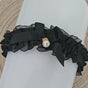 Black satin-ribbon leg garter, dangling-bead bow / One Size