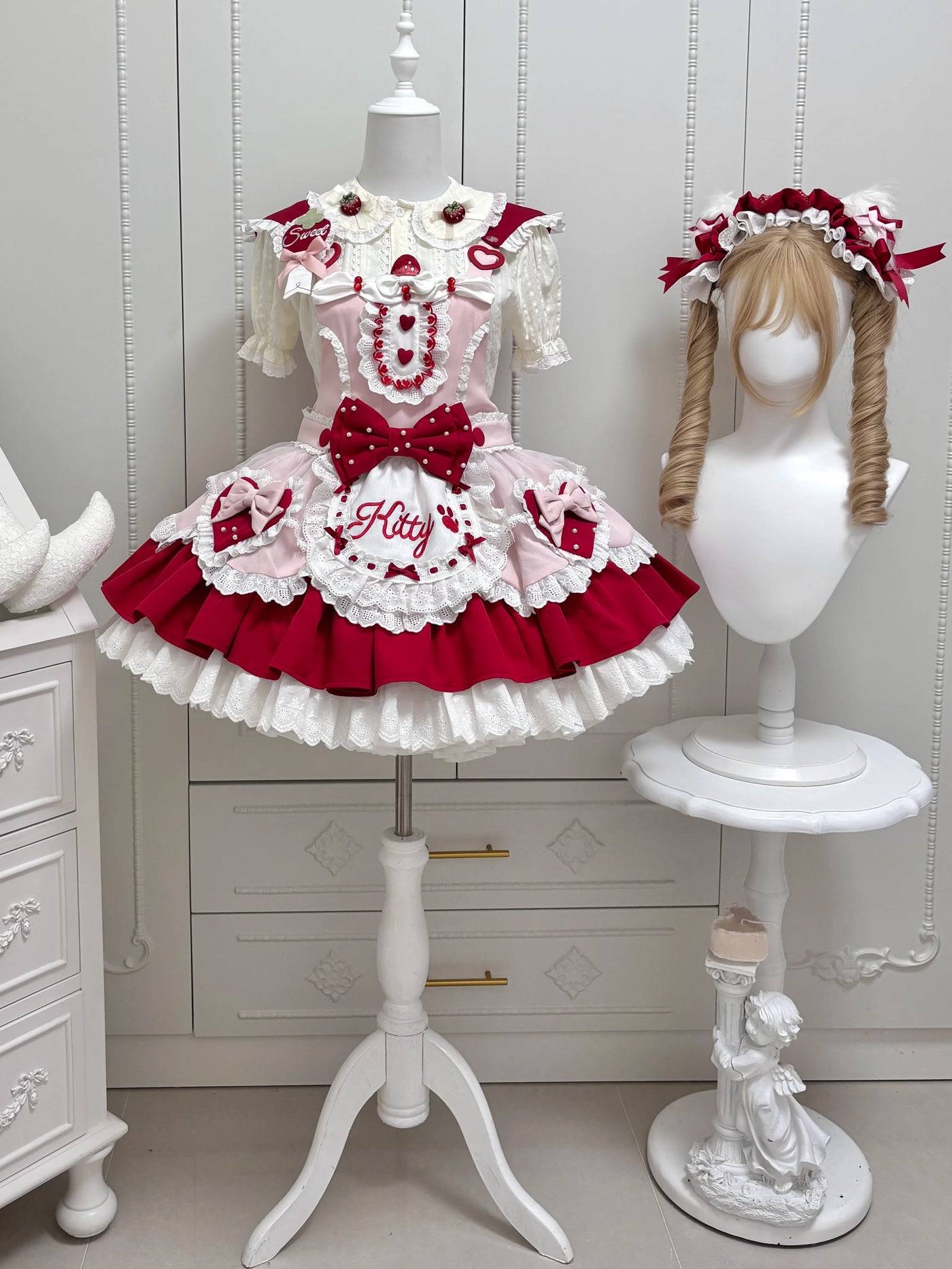 Jelly Girl - Strawberry Bunny & Strawberry Cat - JSK dress with layered ruffles and character motifs