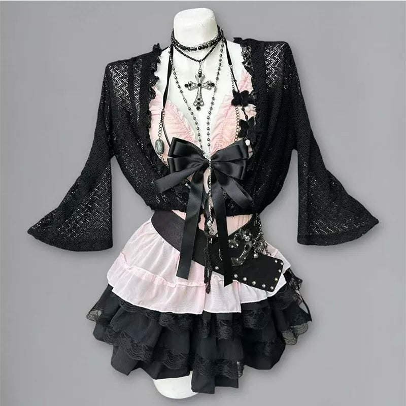 Creamy - Vintage Subculture - Cardigan, Vest and Half-Skirt Three-Piece Set with Lace Bows