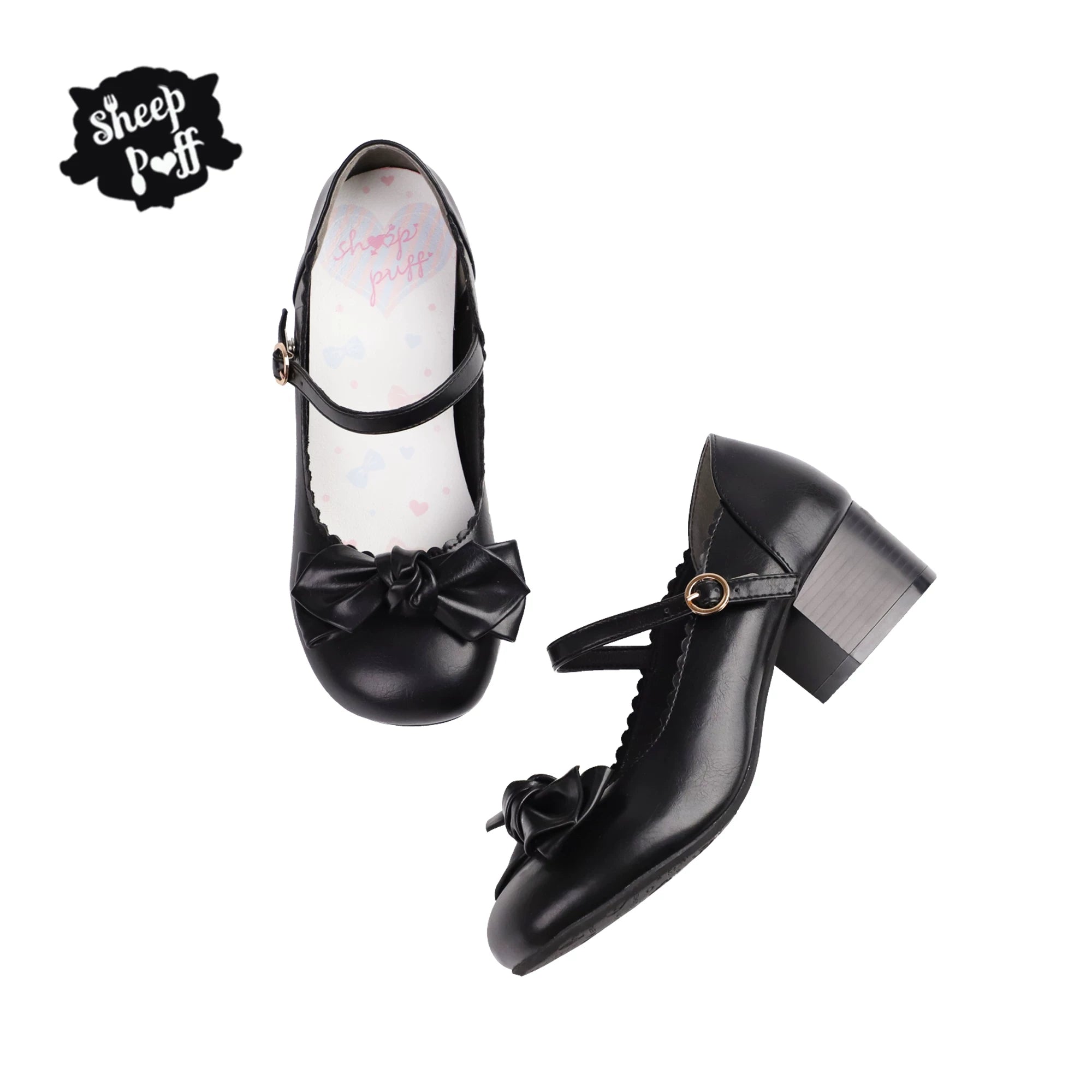 Sheep Puff Sakura matte Lolita shoes with rounded bow detail, soft pink color, and elegant design.