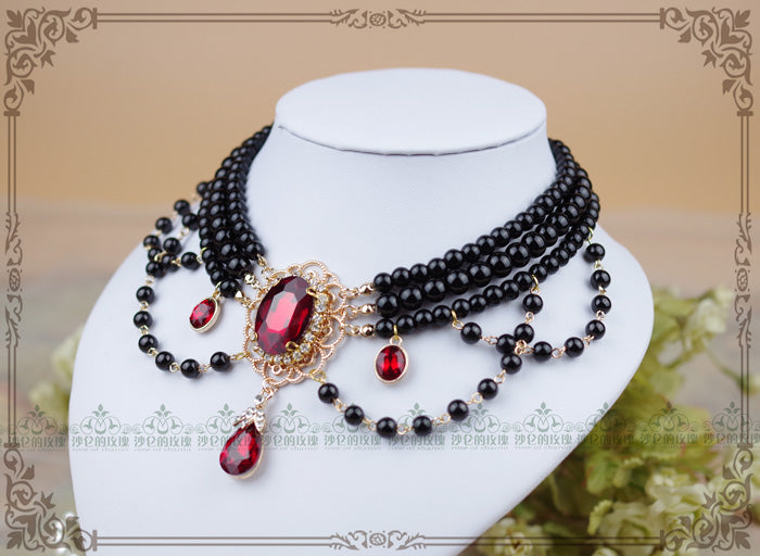 Rose of Sharon - Customized Lolita Pearl Necklace - with Gemstone Pendants Neckwear