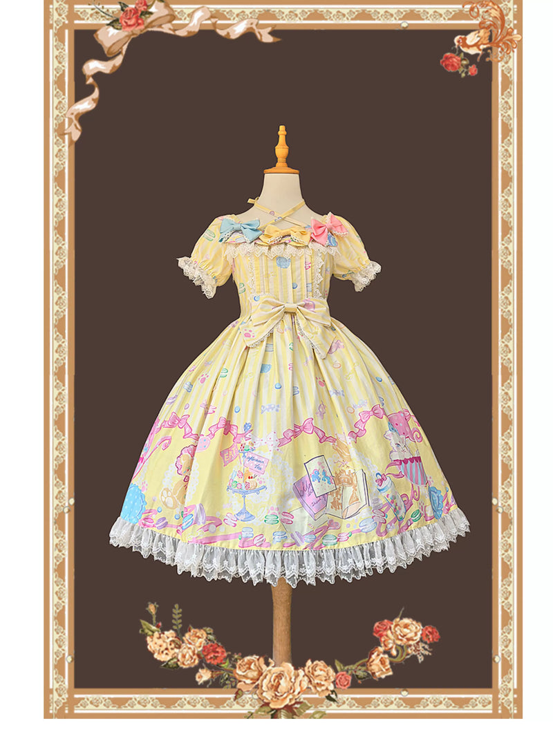 Macaron Dolly House - Sweet Lolita OP Printed Dress, Side Zipper Yellow OP Only S