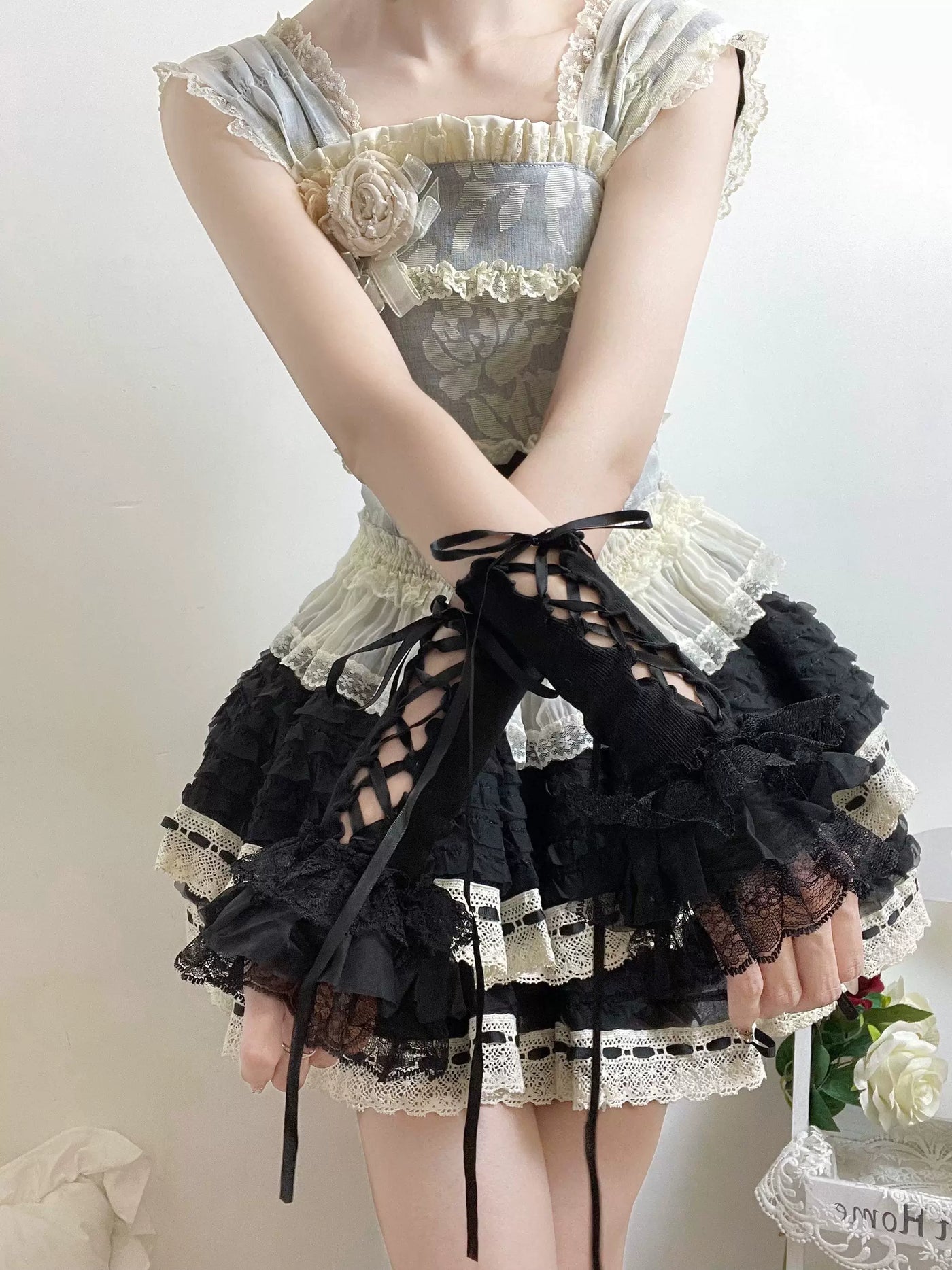 Fantasy Doll - Ribbon Lace-Up - Lace-Trimmed Arm Sleeves with Ribbon Ties