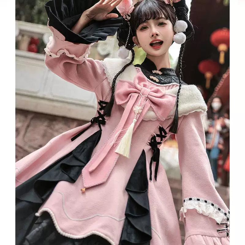 Sweetheart Dream Machine - Maohua - Black-Red Chinese-Style OP Dress with Ruffled Bib