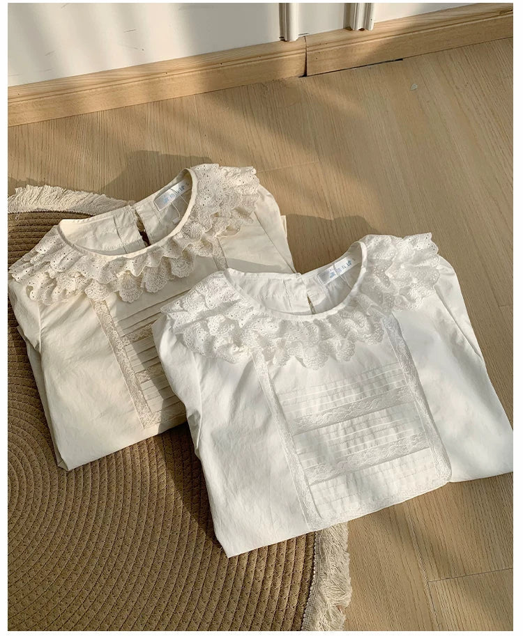 With PUJI - Jennie - Sweet Lolita Cotton Shirt, Ruffled Round Collar