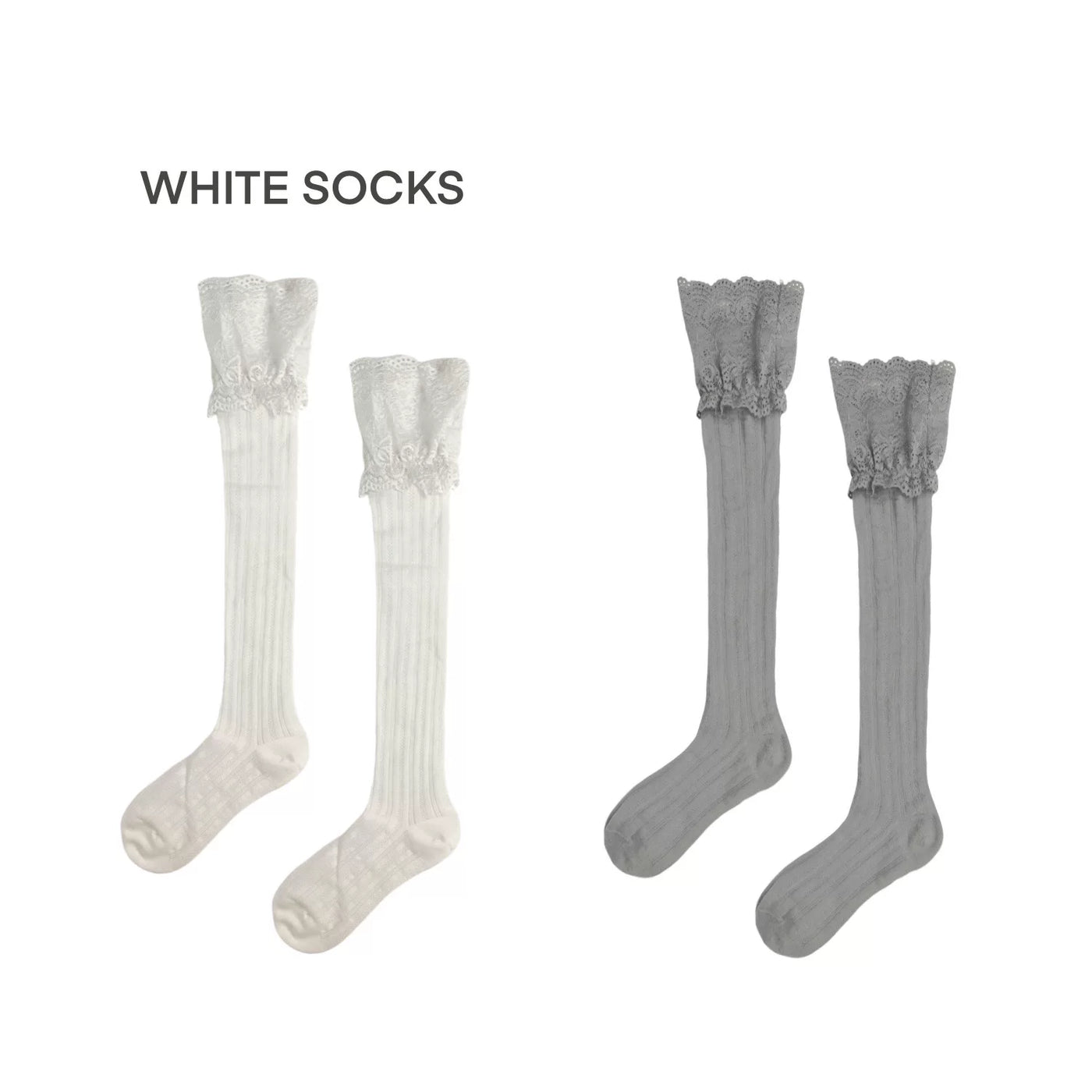 White Socks - Lace Cuff Stripe - Lace-Cuff Slouch Mid-Calf Socks with Vertical Stripes
