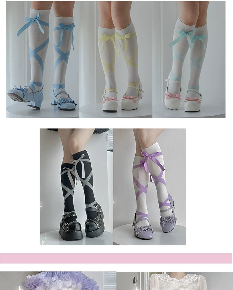 roji roji - Ribbon Strap - Cotton Mid-Calf Socks with Crossed Ribbon Straps