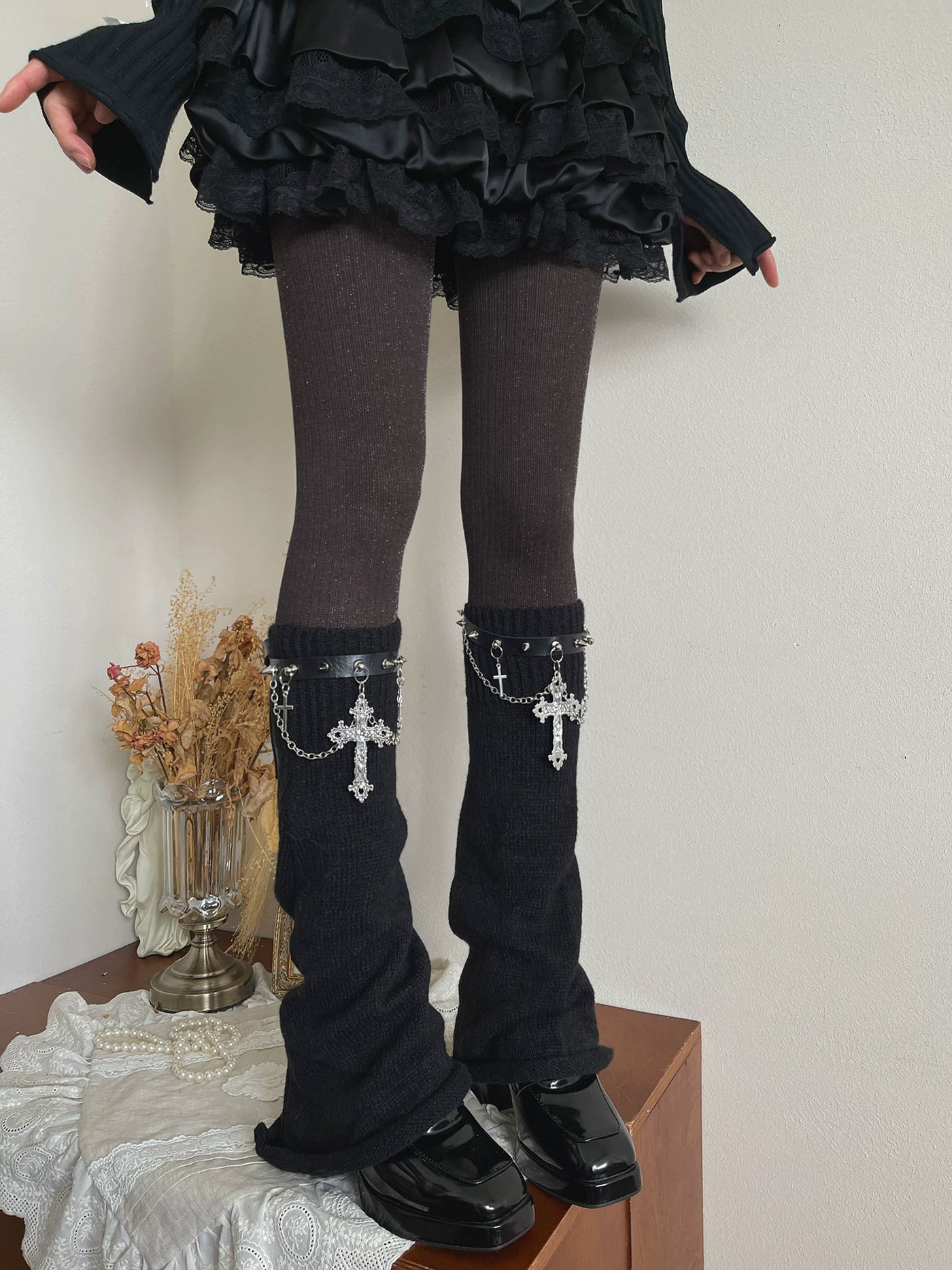 Sock Noble - Subculture Cross Charm - Legwear with Cross-and-Chain Details