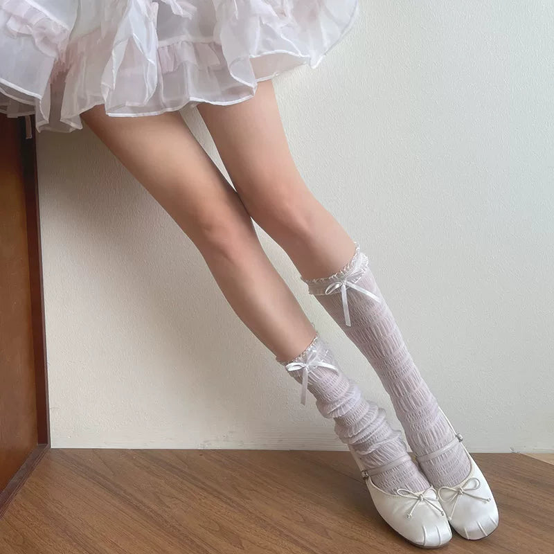 Sock Noble - Organza Bow - Sheer Mid-Calf Socks with Organza Lace Trim