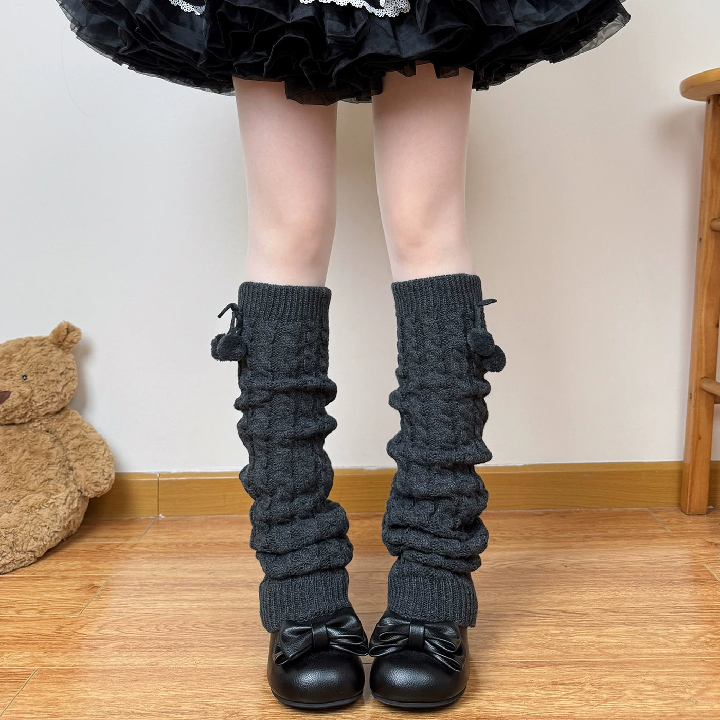 Chubby Bear Tales - Pom-Pom Cable Knit - Cable-Knit Sock Leg Warmers with Pom-Pom Ties