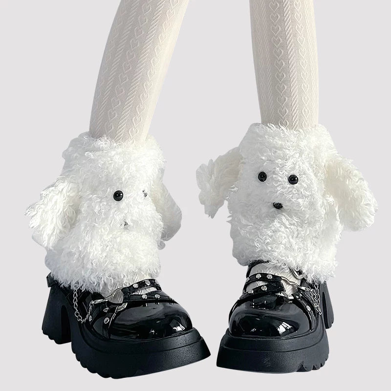 Floral Milk Cat curly plush dog-ear sock covers in milky white
