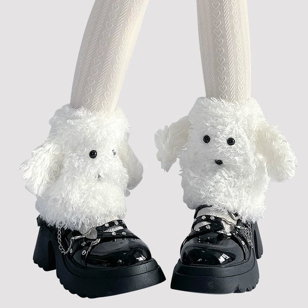Floral Milk Cat curly plush dog-ear sock covers in milky white