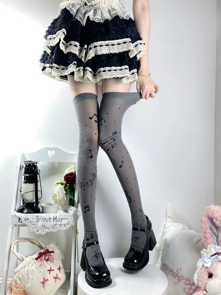 Fantasy Doll - Musical Note - Over-the-Knee Socks with Piano-Key Print